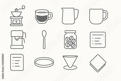 Coffee icon set: grinder, mug, pitcher, espresso machine, spoon, beans, filter, napkin
