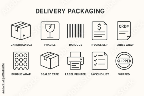 Delivery packaging icons: box, barcode, invoice, bubble wrap, shipped