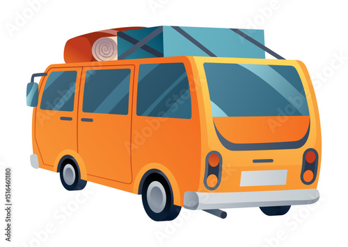 Road trip vacation, travel by car. Driving on way for camping in nature. Summer holiday adventure. Flat vector illustration