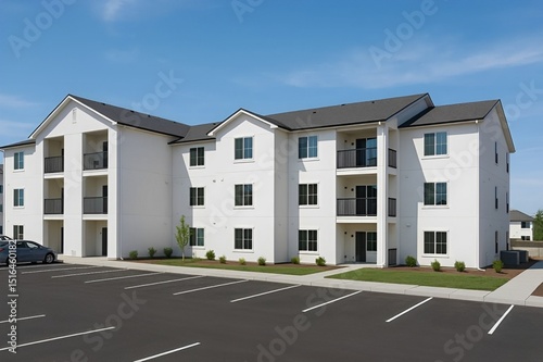 Modern Apartment Complex with White Stucco Exterior and Tenant Parking