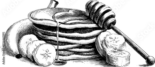 Vintage breakfast delight: pancakes with honey and bananas engraving for culinary design