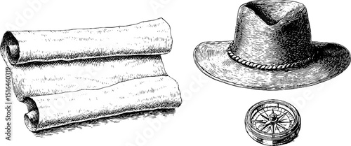 Vintage exploration theme with engraved parchment scroll, compass, and hat for design use