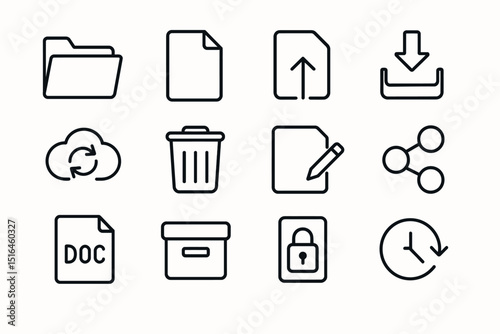 Collection of file and data management icons including folder, cloud, and security lock