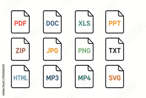 Icon set of common file formats including pdf, doc, xls, and more