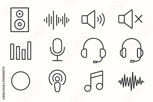 Set of audio icons: speaker, headphones, microphone, sound wave, music note