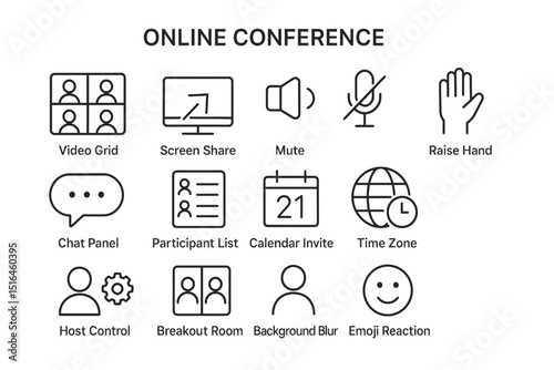 Icons for online video conference features: screen sharing, participant list, emoji reactions