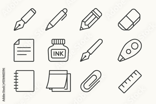 Vector icons of writing and stationery tools for office and school use