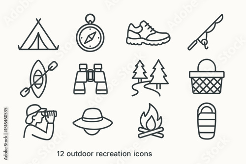 Set of 12 outdoor recreation icons featuring camping, hiking, and fishing activities