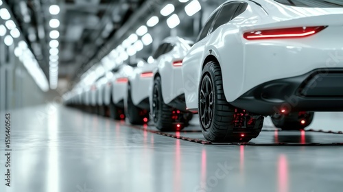 Wallpaper Mural This image depicts a lineup of sleek new cars in a modern manufacturing facility, highlighting concepts of innovation, engineering, and efficiency in automobile production. Torontodigital.ca