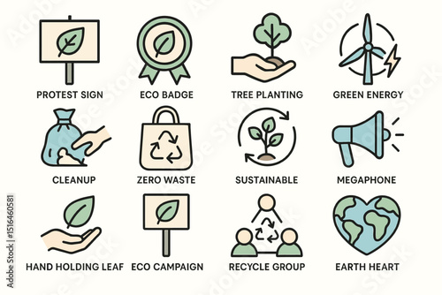 Eco symbols: green energy, tree planting, recycling icons for sustainable living