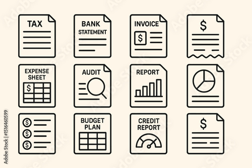 Finance documents: tax, bank statement, invoice, expense sheet, audit, report, budget plan, credit report