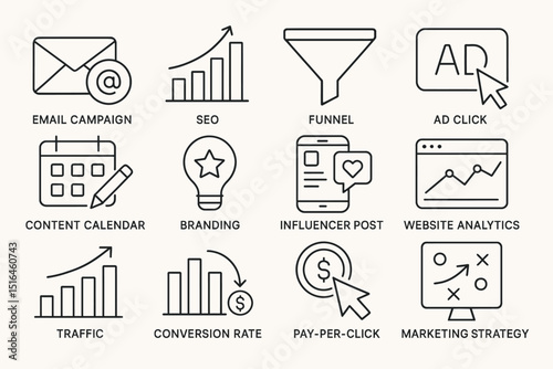 Digital marketing concepts: seo, content, and analytics icons