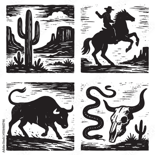 Linocut western boho set vector, Texas desert engraving print collection, vector canyon wildlife, cactus. 
Texture grunge Arizona rodeo graphics, bull, horse, snake, skull silhouette