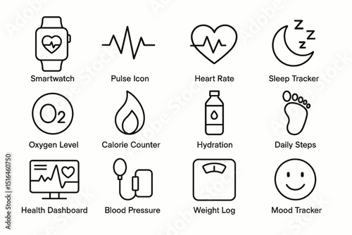 Health and fitness icons for smartwatch tracking and monitoring