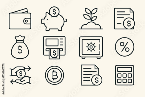Financial icons: wallet, piggy bank, plant, document, money bag, atm, safe, percentage, bitcoin, calculator
