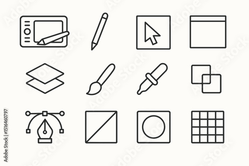Digital art icons: tablet, pencil, cursor, layers, brush, color picker, design tools