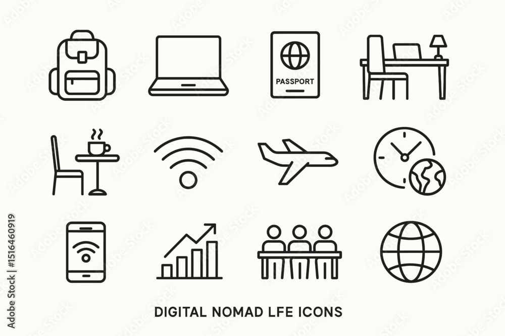 Fototapeta premium Digital nomad life icons: laptop, passport, travel, remote work, wifi