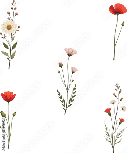 Watercolor illustration of delicate wildflowers and foliage with an elegant and artistic botanical arrangement