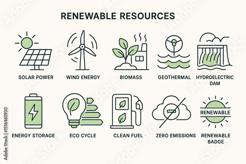 Illustrated icons of renewable energy sources and technologies