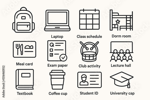 Essential student life icons: backpack, laptop, schedule, dorm, meal card, exam paper, club, lecture, textbook, coffee, id, cap
