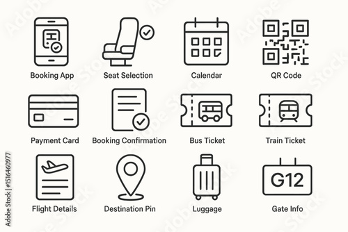 Travel icons: booking app, seat selection, tickets, calendar, qr code