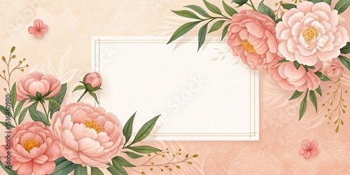 Mother's Day, spring, valentine's day or other celebration holiday concept greeting card temoplate - Peonies and empty rectangular paper note frame on peach fuzz table texture background