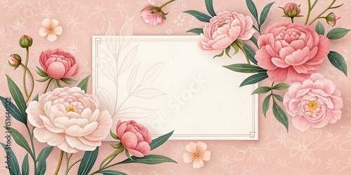 Mother's Day, spring, valentine's day or other celebration holiday concept greeting card temoplate - Peonies and empty rectangular paper note frame on peach fuzz table texture background