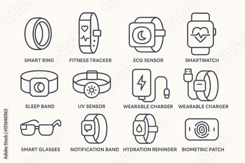 Icon set of wearable technology gadgets for health and fitness monitoring
