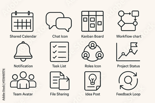Business icons set: calendar, chat, workflow, notification, task list, roles, feedback