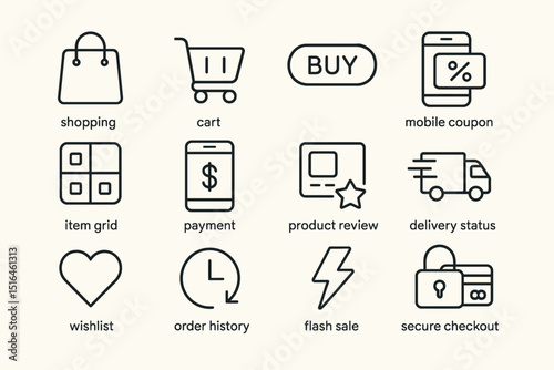 Digital shopping icons set including cart, payment, and secure checkout features