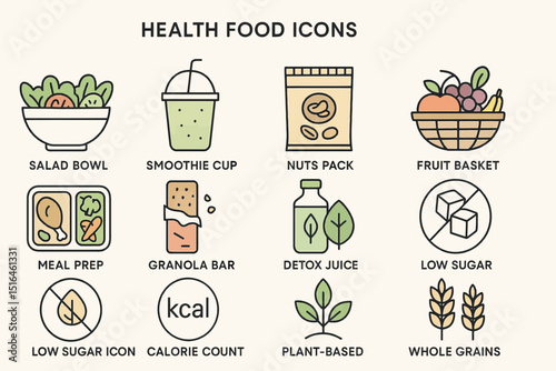 Health food icons set: salad, smoothie, nuts, fruit, meal, granola, detox, sugar-free