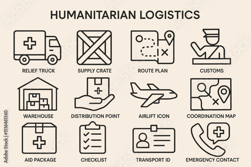 Humanitarian logistics icons including relief truck, supply crate, and route plan