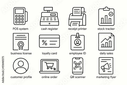 Business technology icons: pos, cash register, receipt printer, stock tracker