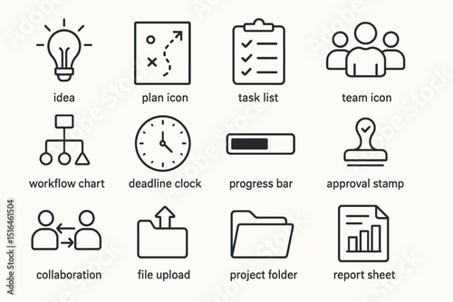 Business icons set: ideas, planning, tasks, teamwork, collaboration, deadlines, progress
