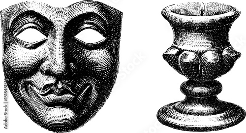 Gothic theater mask and antique candle holder engraving set