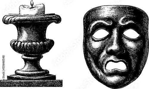 Vintage engraving of phantom mask and candlestick for dramatic art and decoration