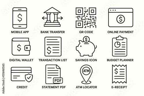 Financial icons: mobile, bank, qr, payment, wallet, savings, budget, atm, receipt