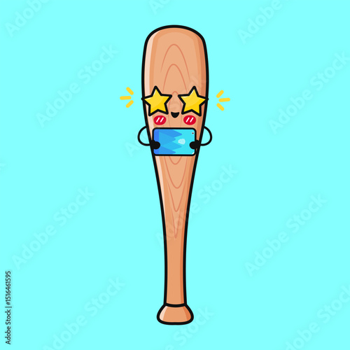 Funny Baseball Bat character using smartphone and wearing star-shaped sunglasses, watching videos and having fun