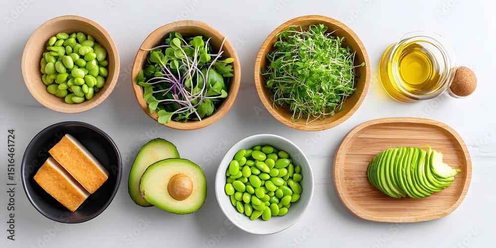 Naklejka premium An assortment of fresh ingredients including avocados, edamame, and microgreens arranged in bowls, perfect for healthy meal preparation and enjoyable cooking sessions.