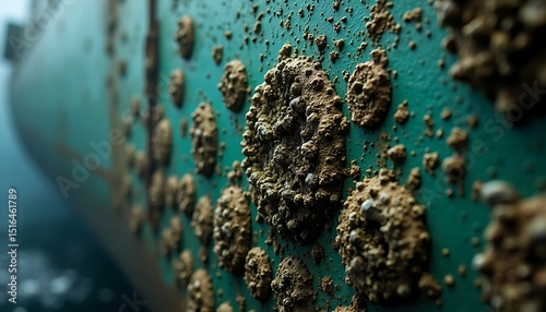 Marine Growth on Green Underwater Structure with Brown Biofouling