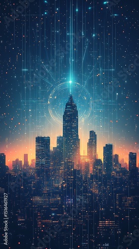 Metropolitan Illumination: A Futuristic Cityscape Amidst a Celestial Network