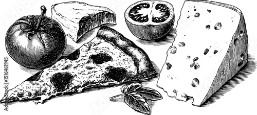 Engraved culinary collection: pizza slice and cheese with tomato and basil