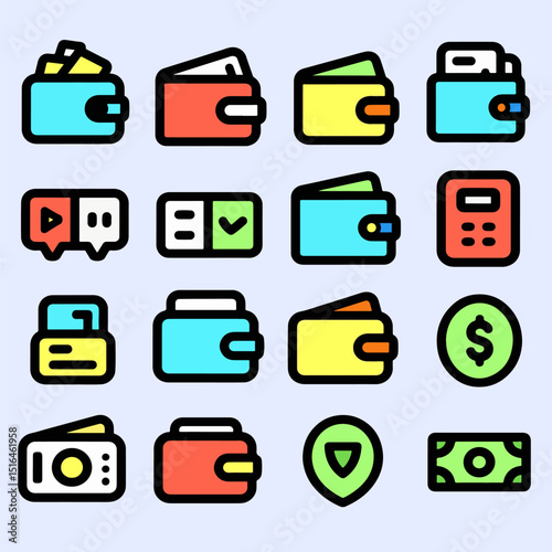Modern digital wallet collection icon vector including payment tools, finance apps, cards, and cash elements in a clean flat cartoon design.