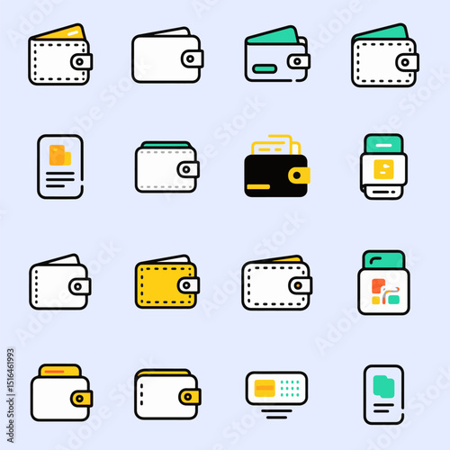 Minimalist digital wallet collection icon vector with line and color accents, showing various wallet designs perfect for UI, fintech, or digital themes.