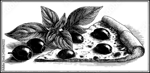 Engraved illustration of pizza slice with olives and basil for culinary art design