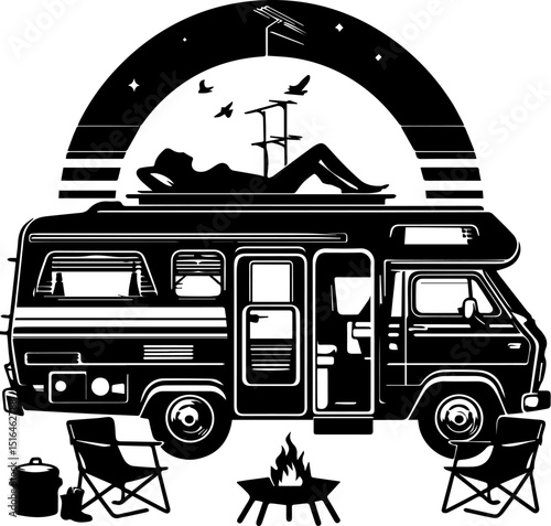 Vintage camper van with person relaxing on roof under sunset sky  