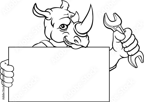 A rhino handyman, mechanic, plumber or other construction cartoon mascot man holding a wrench or spanner tool.