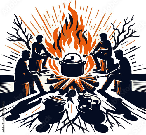 Group of people sitting by campfire cooking in nature scene  