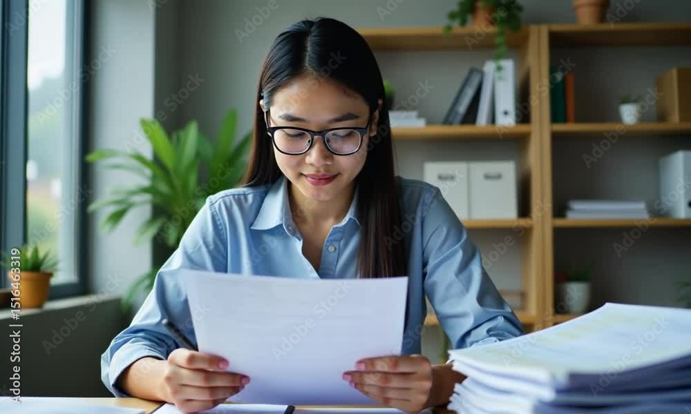 Focused Young Woman Reviewing Documents at Her Desk Focused Young Woman Reviewing Documents at Her Desk