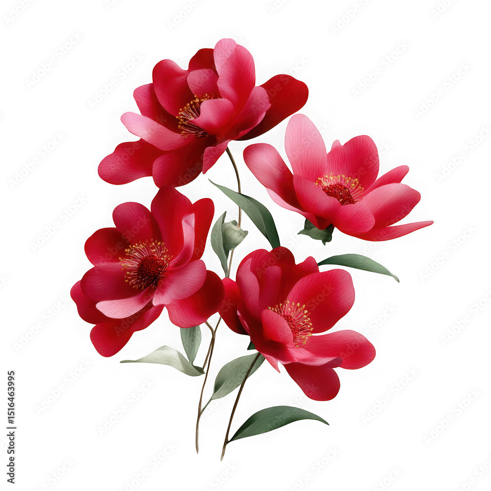 Fototapeta premium Red flowers with green leaves isolated on transparent background